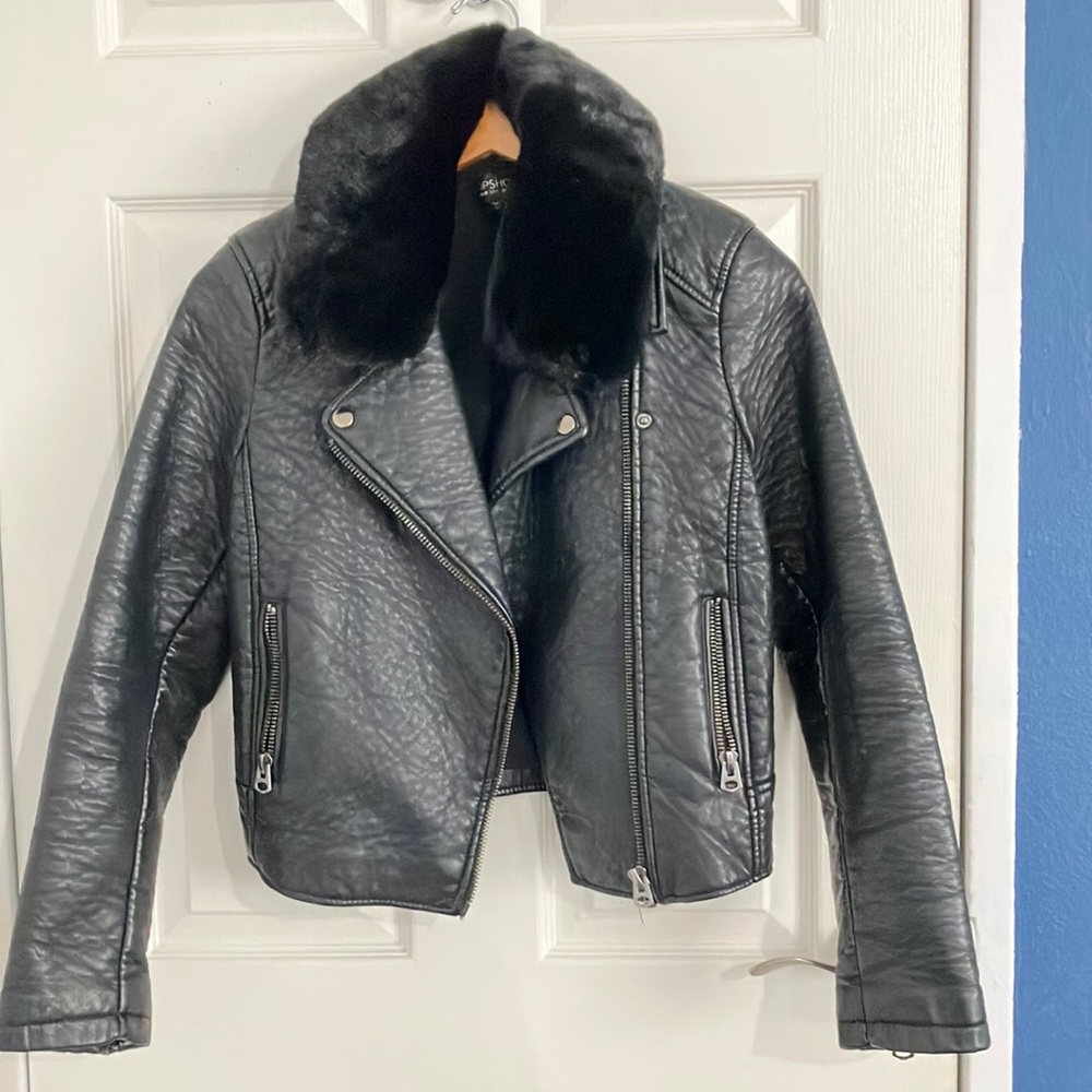 Top shop faux leather motorcycle jacket with removal faux fur collar
